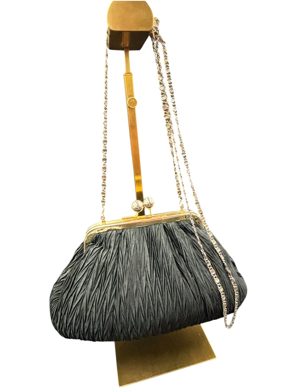 Vintage Nordstrom Black Pleated Evening Bag, Gold Tone Kiss Lock, Chain Strap - Picture 4 of 14